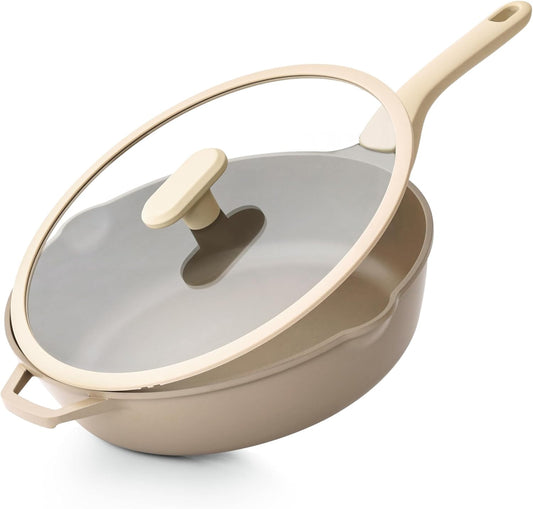 Nonstick Deep Frying Pan with Glass Lid, 12 Inch (4.8 qt), 5X Durable Nonstick Sauté Pan, Scratch & Stain Resistant, PFOA Free, Induction Compatible, Dishwasher & Oven Safe, Natural Linen