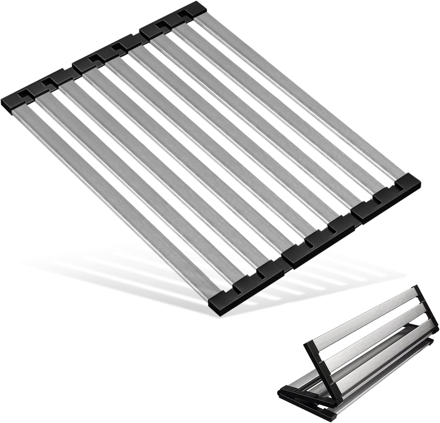 Dish Drying Rack, 19.7" X 13" Over Sink Drying Rack, Kitchen Roll Up 304 Stainless Steel Drain Rack, Roll Up for Kitchen and RV Sinks, Black