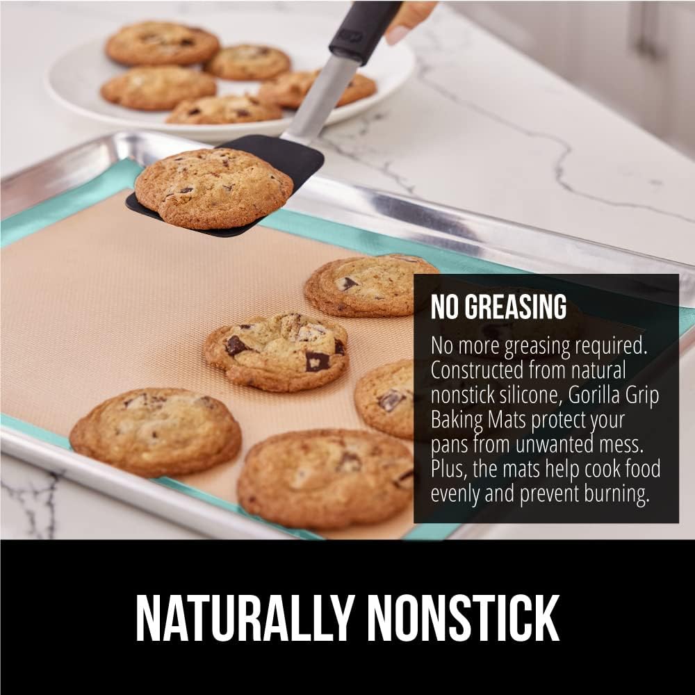 GORILLA GRIP Reusable Nonstick Silicone Baking Mat, 2 Pack, BPA-Free Oven Safe Food Liner, For Cookie Sheets, Toaster Ovens, Easy Clean Kitchen Pastry Mats, 11.75x8.25, Small Quarter Sheet Size, Mint