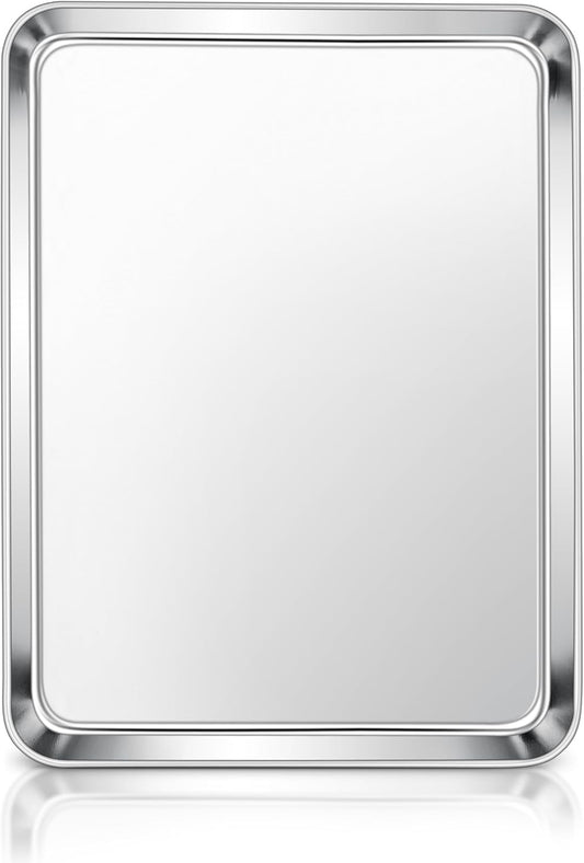 E-far Stainless Steel Baking Sheet, 12.4” x9.7” Baking Cookie Sheet Pan for Oven, Non-toxic Metal Toaster Oven Tray for Cake Cookie, Healthy & Rust Free, Mirror Finish & Dishwasher Safe, 1 Pack