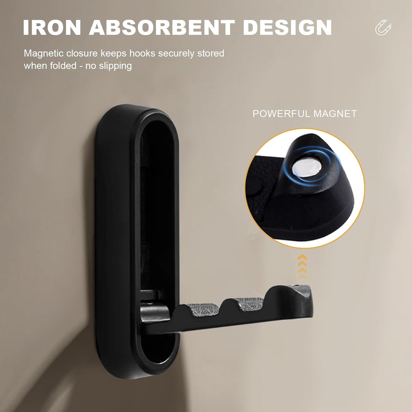 Heavy Duty Black Folding Wall Hooks 2 Pack, Space Saving Foldable Coat Hooks for Bathroom, Closet, Entryway, Kitchen, Towel, Robe, Bag, Hat Hanging, Easy Mount, Zinc Alloy, Corrosion - Resistant