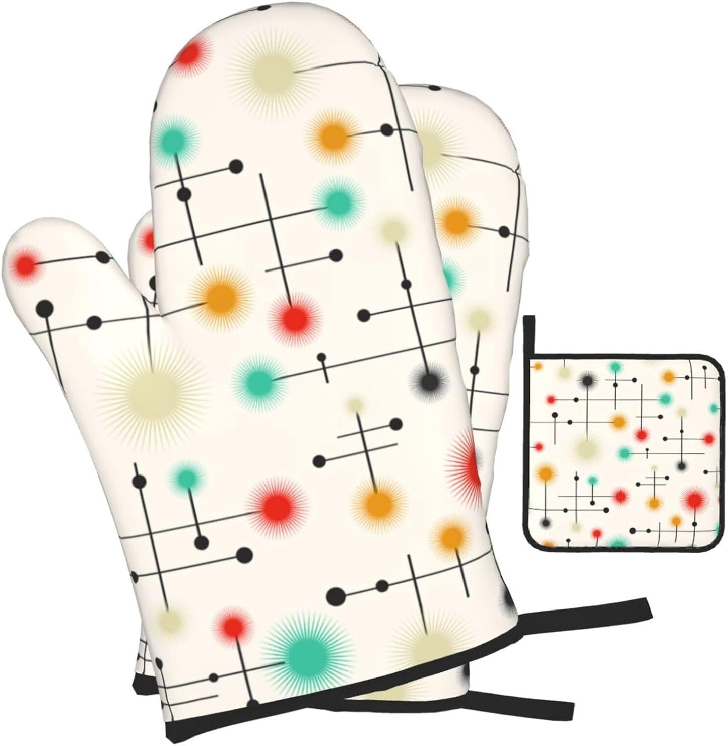 Mid Century Modern Oven Mitts and Pot Holders Sets of 3 Heat Resistant Non Slip Retro Kitchen Gloves Hot Pads for Cooking BBQ Grilling Baking