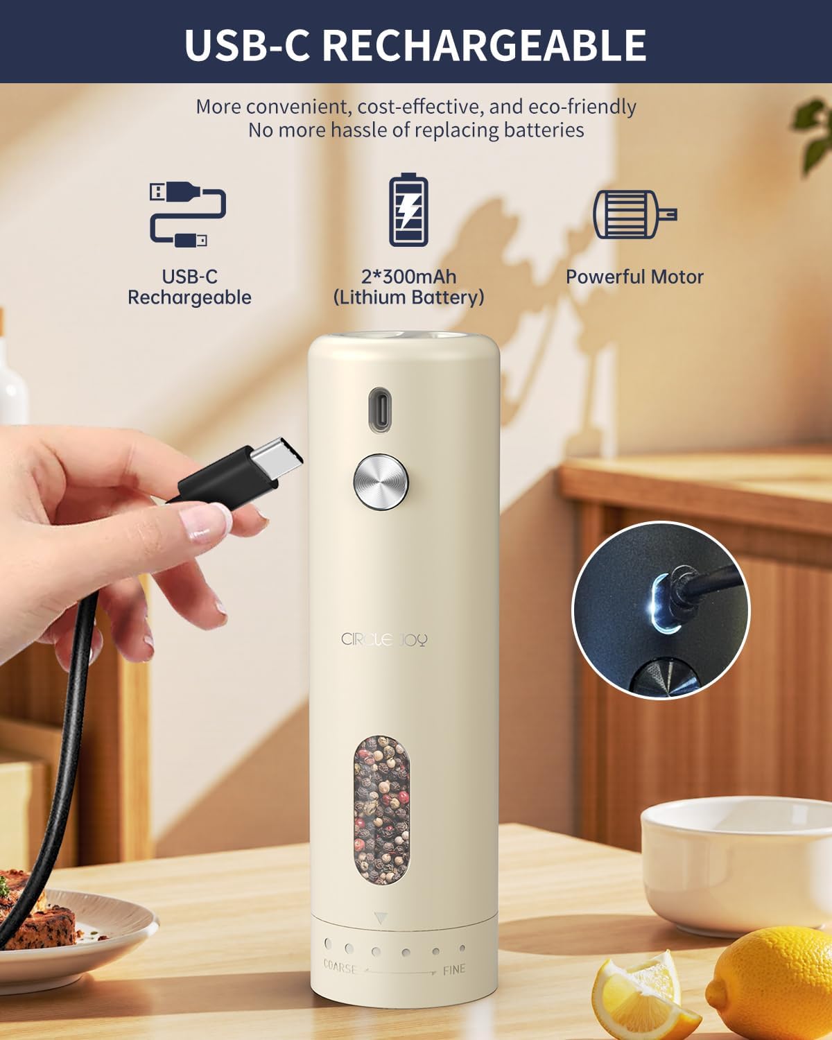 CIRCLE JOY Rechargeable Electric Salt and Pepper Grinder Set with Base, Automatic Pepper Mills with 110ml Container, External Adjustable Coarseness, White Led Light and One-Handed Operation, Begie