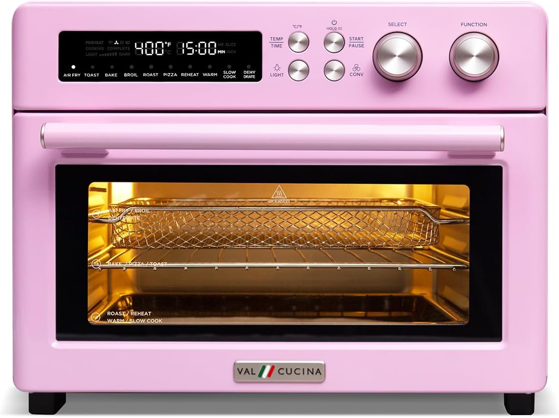 Retro Style Infrared Heating Air Fryer Toaster Oven, Extra Large Countertop Convection Oven 10-in-1 Combo, 6-Slice Toast, Enamel Baking Pan Easy Clean with Recipe Book, Classic Pink Color