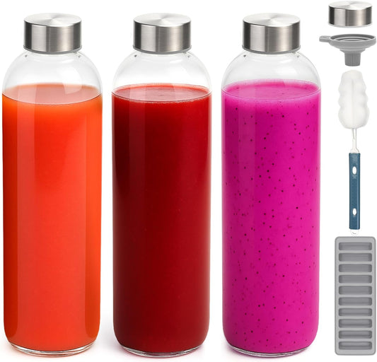 Zukro Glass Water Bottles with Lids 32 oz, 3 Pack Reusable Juice Bottles With Stainless Steel Airtight Cap for Juicing, Leak Proof Clear Drinking Jar Beverage storage container for Fridge, BPA Free