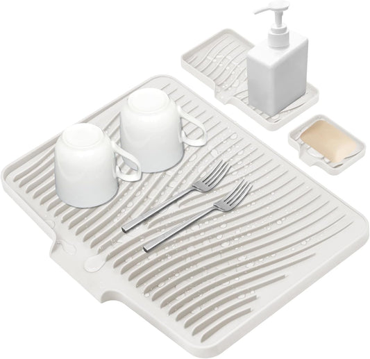 Silicone Dish Drying Mat for Kitchen Counter, Dish Drying Pad, Non-Slip Drain Pad with Built-in Drain, Heat Resistant Stone Drying Mat, 1 set XL(Cream)