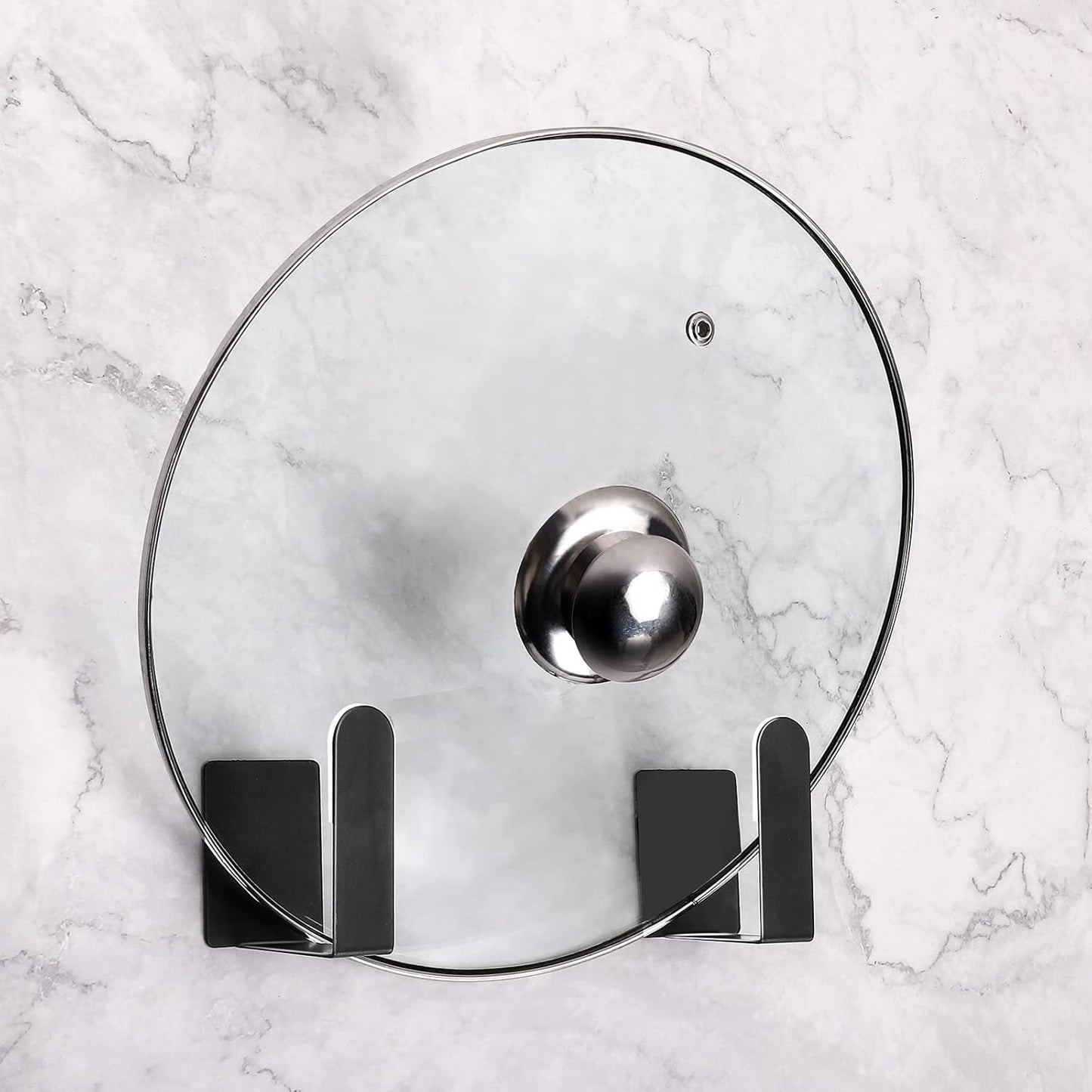 Pot Lid Holder Stainless Steel Wall Mounted 3M Self Adhesive Pan Cover Racks (Set of 4) Freely Adjustable Length (Black)