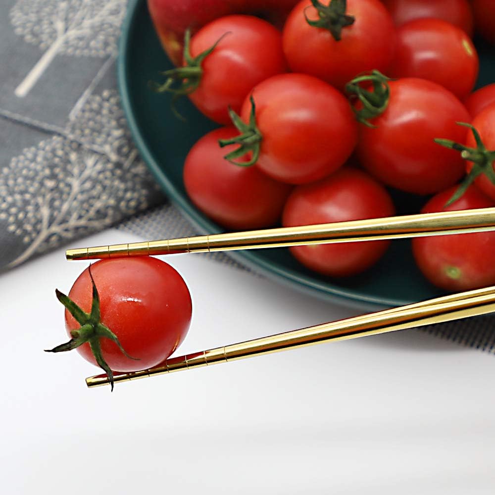 Stainless Steel Chopsticks Reusable Multicolor Lightweight 304 Metal Chopsticks Dishwasher Safe - 5 Pairs (Gold)