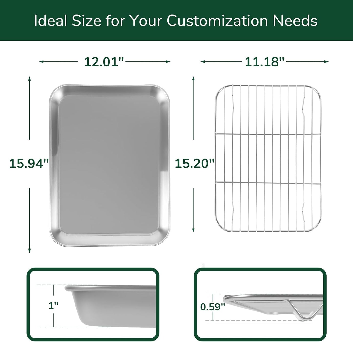 18/0 Stainless Steel Baking Sheet with Cooling Rack, 15.9 Inch Oven-Safe Non-Toxic Cookie Sheets for Baking, Coating Free & Rust Resistant for Healthy Family Baking, Easy to Clean, Heavy Duty