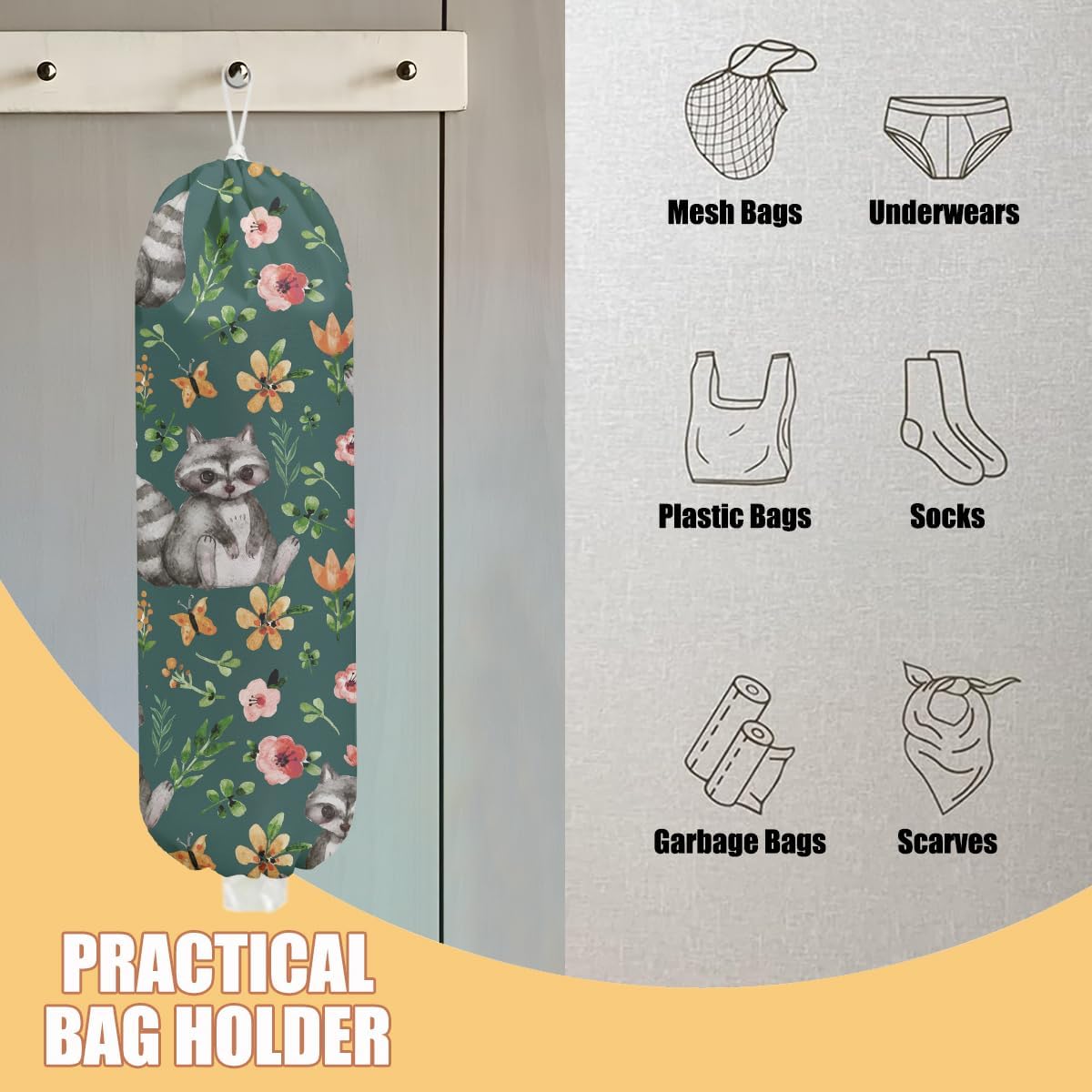 Raccoon Plastic Bag Holder, Wall Mount Grocery Bag Holder, Plastic Storage bag, Pull Rope Free Adjustment, Plastic Bag Holders for Grocery Bags, Plastic Bag Dispenser for Home Kitchen