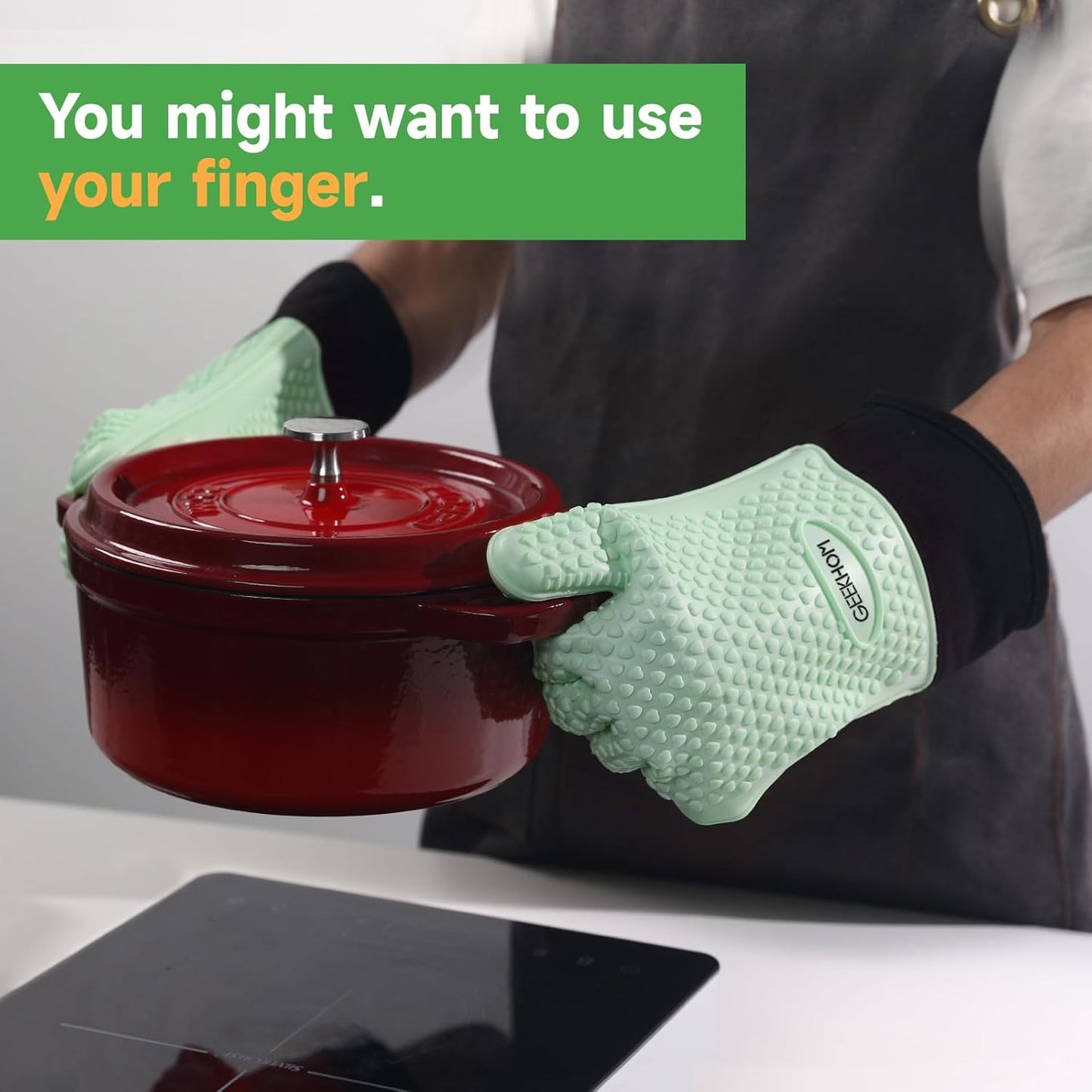 GEEKHOM BBQ Gloves Heat Resistant Oven Mitts - Silicone Grilling Gloves with 13.7" Arm Protection - Waterproof Pot Holder Non-Slip for Men & Women, Kitchen Outdoor Cooking, Baking, Camping, Mint Green