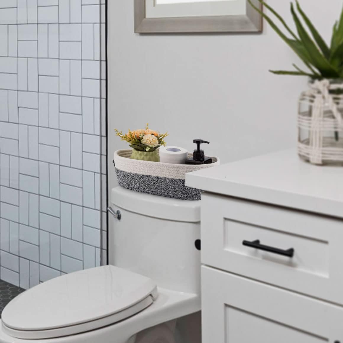 2 Pack Small Cotton Rope Woven Basket Toilet Paper Baskets for Organizing Decorative Basket for Boho Decor Small Storage Basket 13"x5.9"x4" Variegated Gray&White