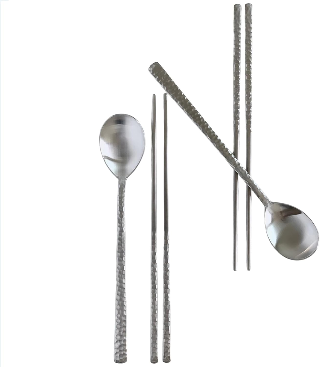 Korean Made Silver Glossy Hammered Stainless Steel Korean Spoon & Chopstick SET Stocking Stuffer Gift for Mom (2SET)