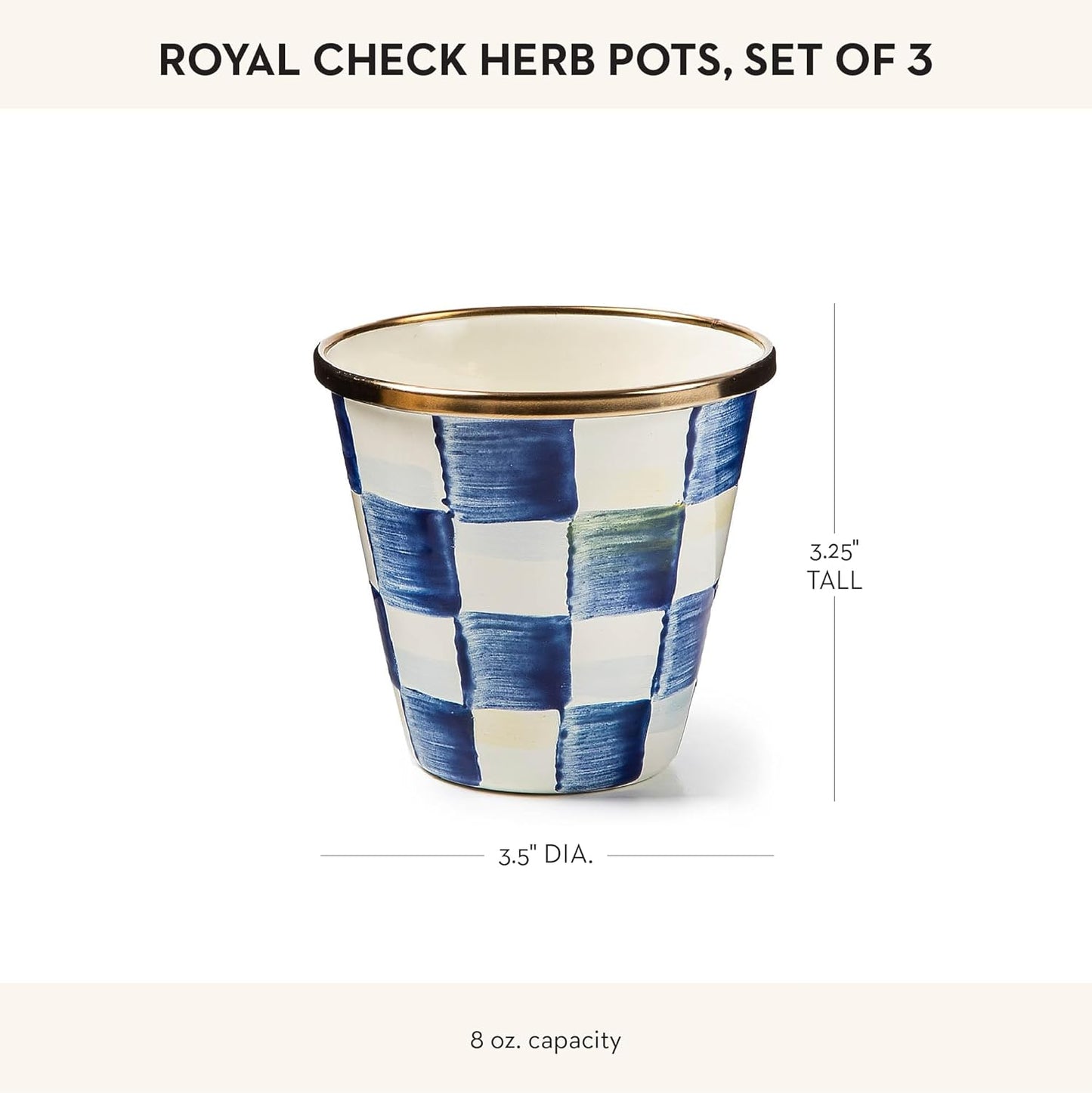 MACKENZIE-CHILDS Enamel Herb Pots, Small Plant Pots for Herbs or Flowers, Set of 3, Blue-and-White Royal Check