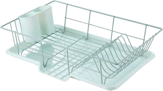 Sweet Home Collection Space-Saving 3-Piece Dish Drainer Rack Set: Efficient Kitchen Organizer for Quick Drying and Storage - Includes Cutlery Holder and Drainboard - Maximize Countertop Space, Mint
