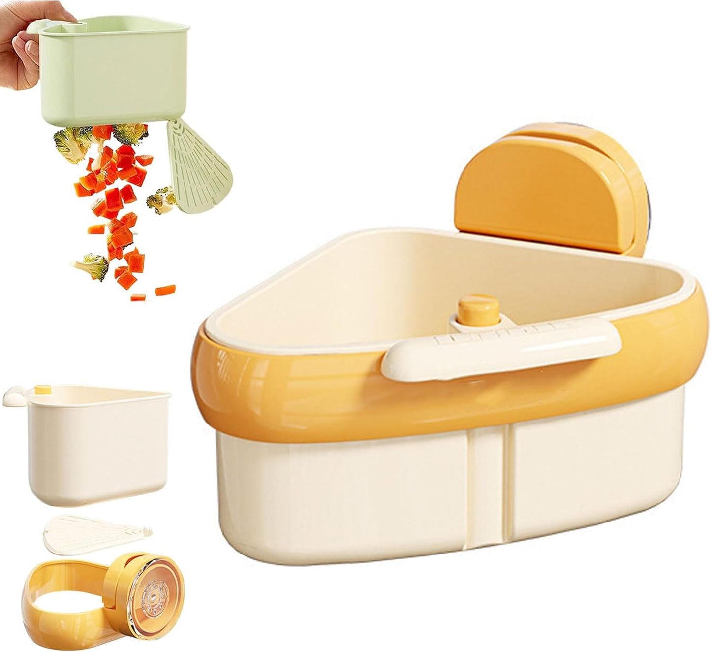 Suction Cup Sink Corner Rack, Triangular Sinks Basket Shelf, Automatic Dumping Corner Sink Strainer with Drain Hole, Food Waste Catcher (Yellow)