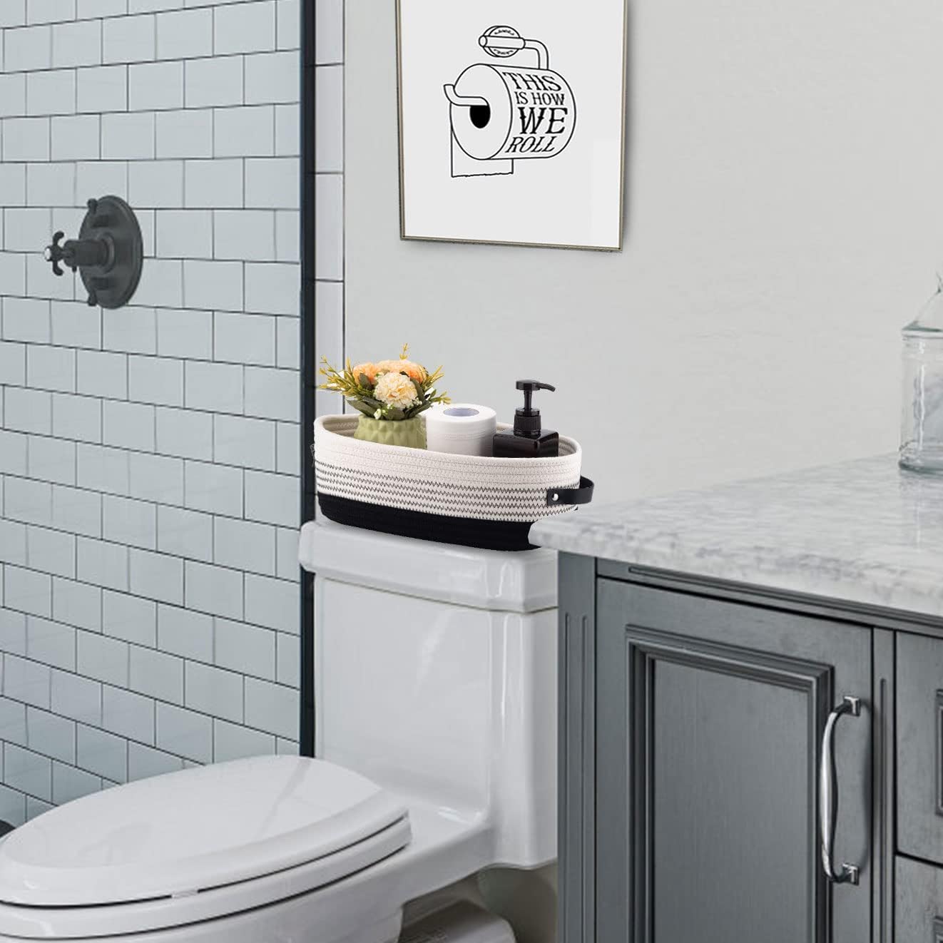 Cotton Rope Toilet Basket Bathroom Decor Baskets, Toilet Paper Holder Basket, Farmhouse Home Decor Organizing Small Baskets 13"x5.9"x4" Black