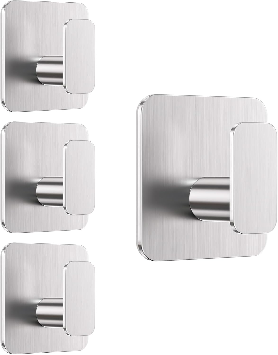Silver Hooks for Hanging Heavy Duty, Adhesive Hooks for Shower, Bathroom, Kitchen, Robe, Towel, Coat, Waterproof & Rustproof Hook for Walls No Damage, Stainless Steel Sticky Hook - 4 Pack