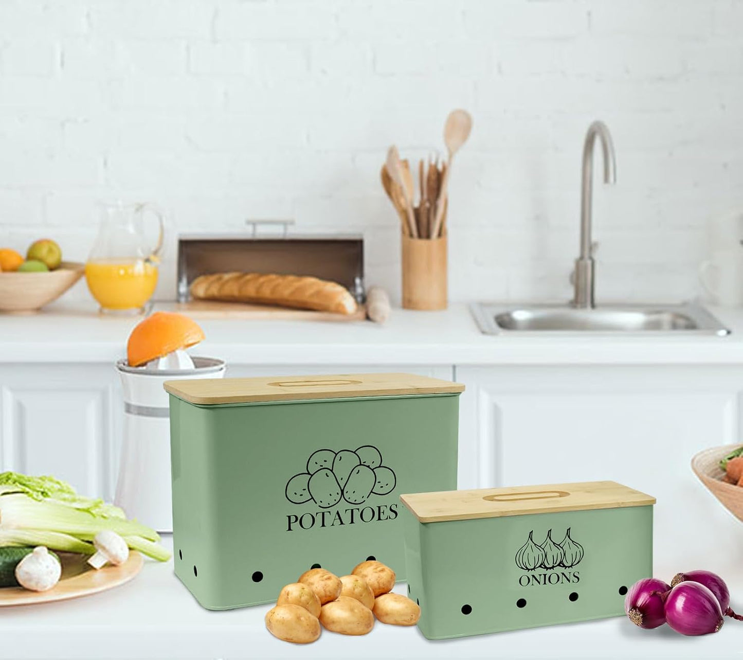 Potato Onion Storage Box, Food Container Sets, Storage Canisters for Vegeatables, Set of 2 Jars Pots Containers, Potato & Onion Bin with Aerating Tin Storage Holes & Bamboo Lid-Green