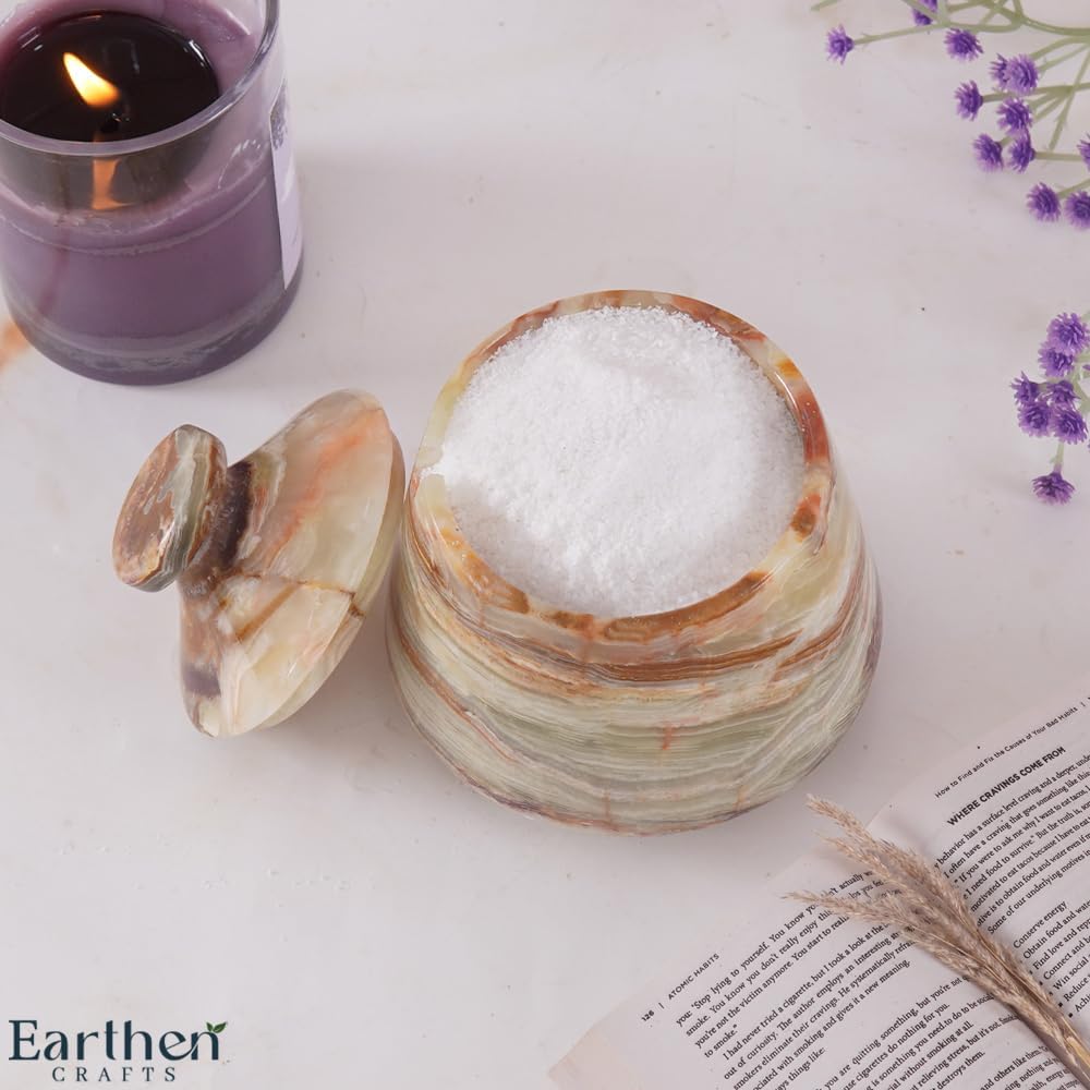 Marble Salt Cellar With Lid & Spoon Green Onyx 4" Salt Box, Stone Salt Container & Spice Jars, Stone Salt Holder for Counter, Spice Jar & Salt Jar
