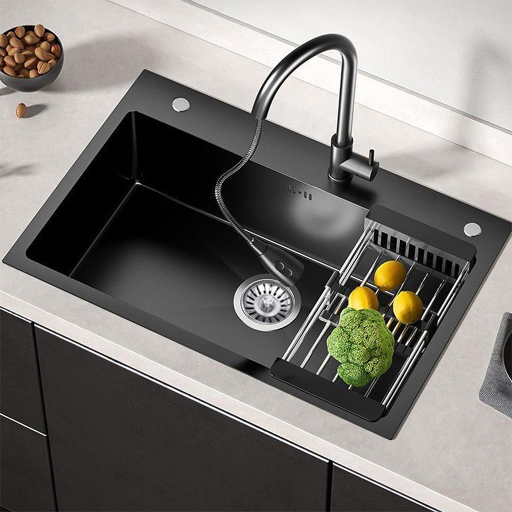 Black Drop in Kitchen Sink, Stainless Steel Single Bowl Sink with 3 Holes, Topmount Workstation Sink, Farmhouse Rectangle Basin with Multiple Accessories (25.6 * 17.7 * 7.9in)