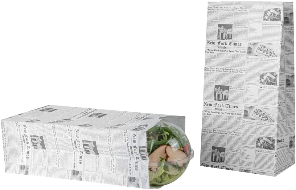 Bag Tek 8 Lb Disposable Lunch Bags, 100 Sturdy Take Out Bags - Flat Bottom, Microwavable, Newsprint Design Paper Bags, Freezable, Great For Restaurants, Cafes, And Bakeries - Restaurantware