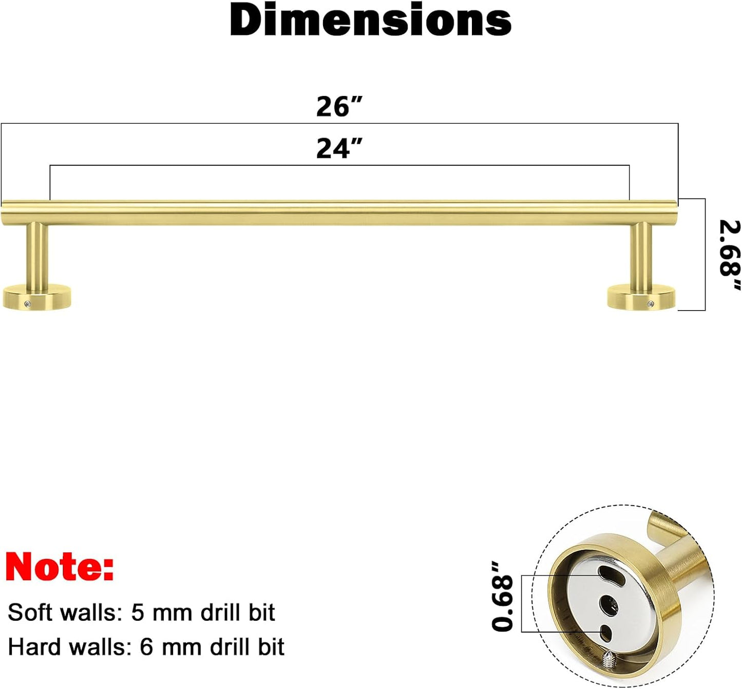 NearMoon Bath Towel Bar, Bath Accessories Thicken Stainless Steel Shower Towel Rack for Bathroom, Towel Holder Wall Mounted (1 Pack, Brushed Gold, 26 Inch)