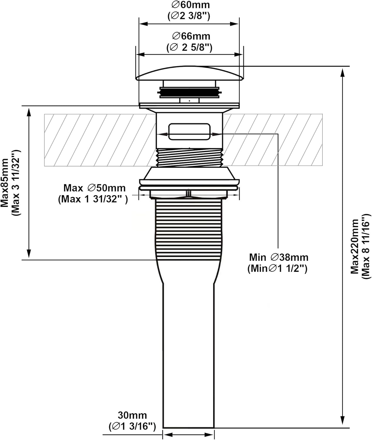 Pop up Sink Drain Stopper for Bathroom Vessel Vanity Sink Art Basin Matte Black ，Big Cap with Overflow, Metal Pop-up Drain Strainer with Detachable Basket Stopper