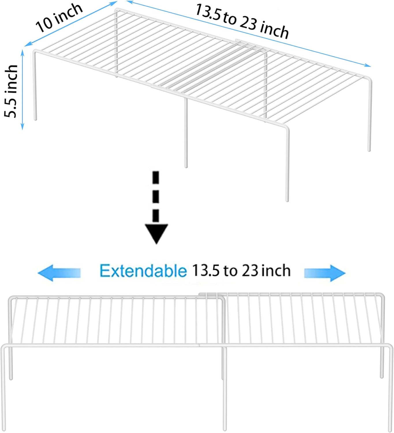 Redrubbit 4-Piece Expandable Metal Rustproof Storage Shelf Rack, Kitchen Counter and Cabinet Organizer, Space Saver for Fridge, Bathroom, White, Set of 2