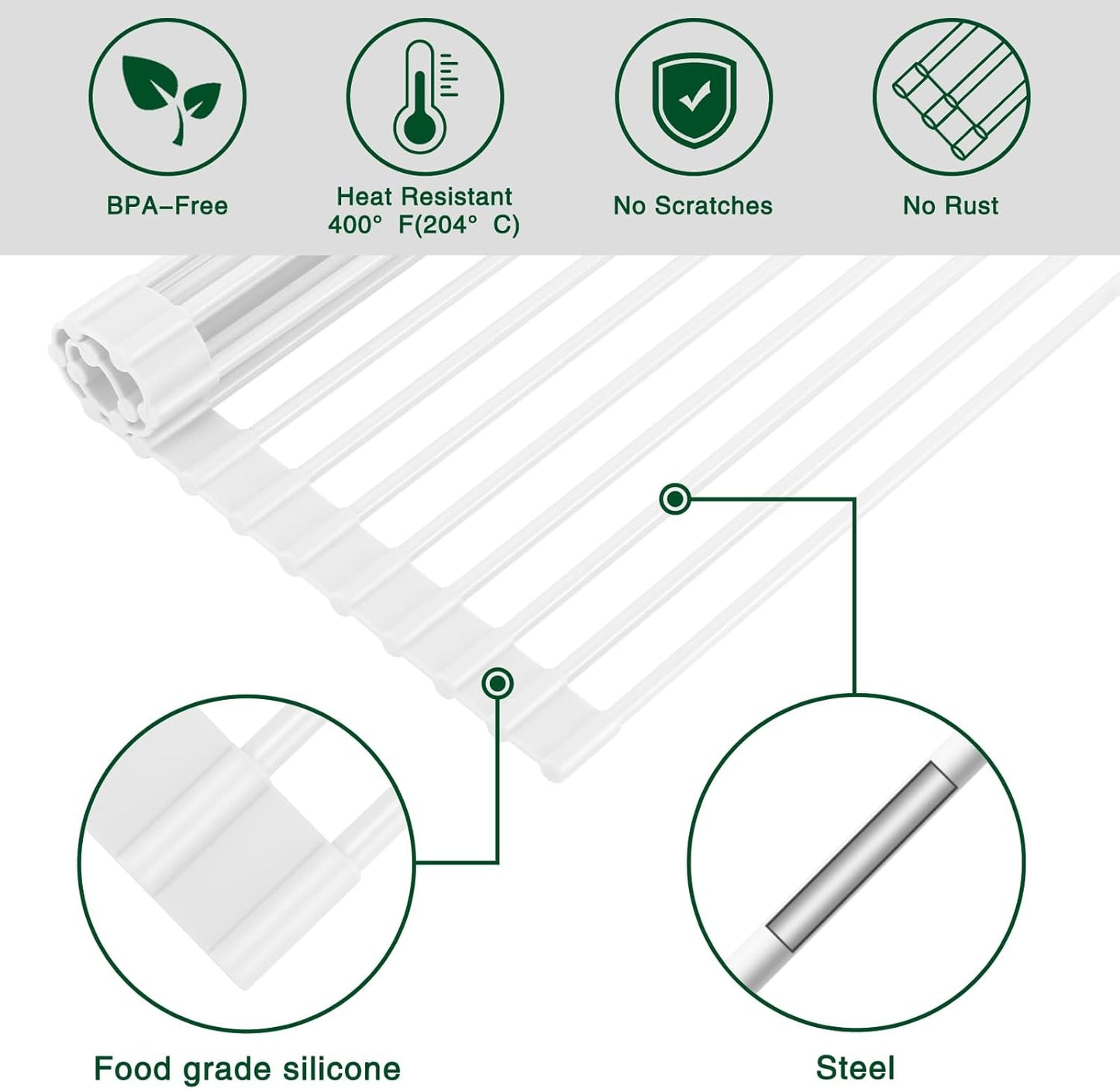 Roll Up Dish Drying Rack Over The Sink Kitchen Roll Up Sink Drying Rack Multipurpose Foldable Sink Drying Mat, Heat-Resistant, Anti-Slip & Anti-Rust Dish Rack for Kitchen, 17" x 13", White