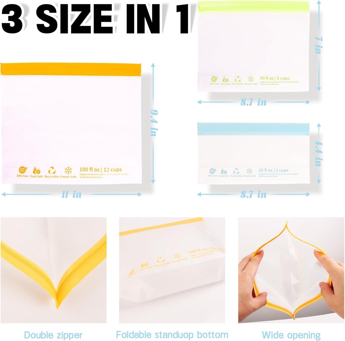 24 Pack Reusable Food Storage Bags,Leakproof Freezer Bags BPA Free Stand Up Sandwich Bags for Lunch Salad Fruit Travel,Dishwasher Safe(8 Gallon,8 Sandwich,8 Snack)