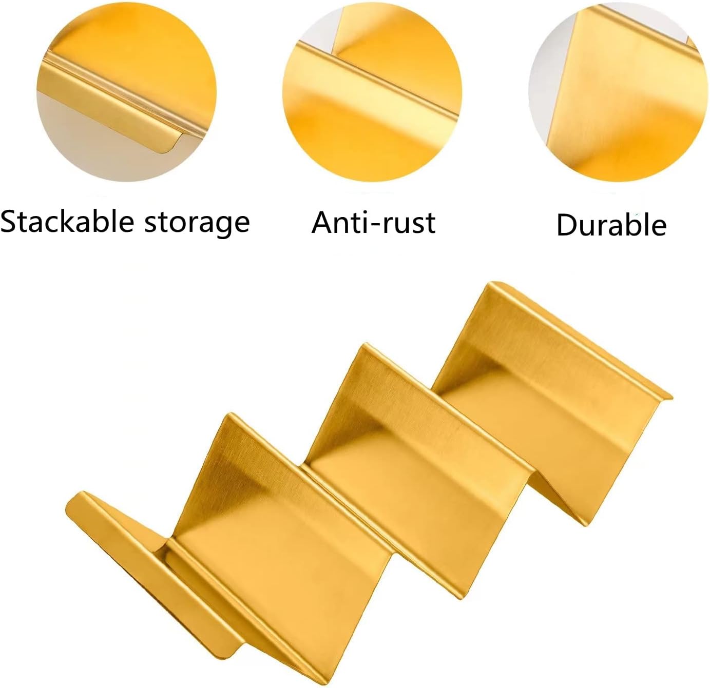 Gold Taco Holder Stand with Handles for Party, Set of 6 Stainless Steel Taco Tray, Rack Holds Up to 3 Tacos Each Stackable storage, Dishwasher Oven safe