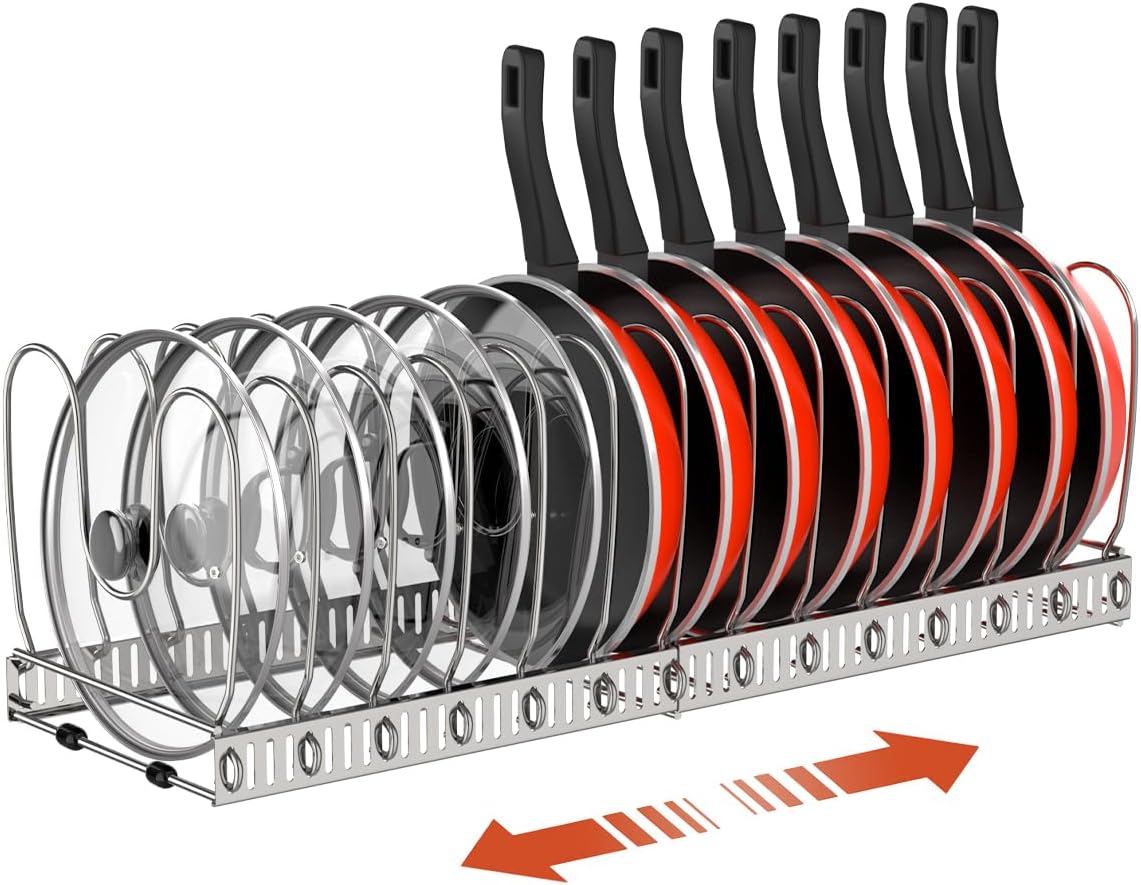 Housolution Pot and Pan Organizer Rack for Cabinet, Stainless Steel Expandable Pot Lid Organizer with 14 Adjustable Dividers, Pot and Pan Holder Rack Storage Organizer for Kitchen, Silver