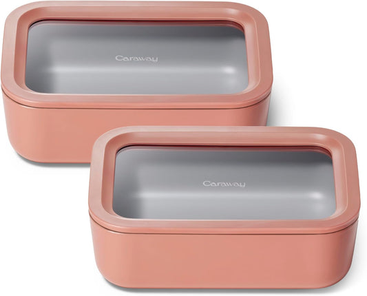 Caraway 2pc Glass Food Storage Set - 6.6 Cup Food Containers (2) - Ceramic Coated - Non Toxic, Non Stick Lunch Box with Lids. Dishwasher, Oven, & Microwave Safe - Perracotta