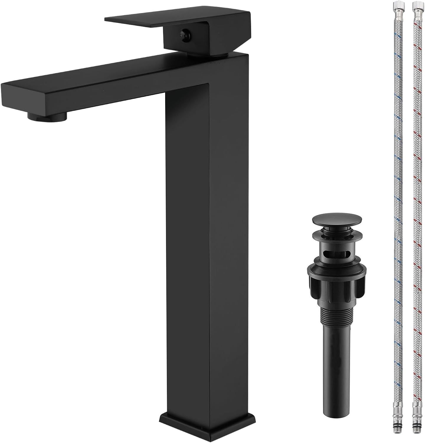 Matte Black Bathroom Faucet Single Handle 1 Hole Tall Bathroom Vessel Sink Faucet, 304 Stainless Steel Modern Vanity Faucet Basin Mixer Tap with Water Supply Hose and Pop Up Sink Drain