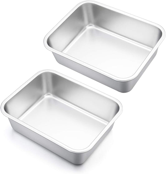 Lasagna Pan Set of 2, E-far Rectangular Deep Cake Baking Pans, Small Roaster Baking Dish Stainless Steel, 10.6x8.3x3.2 Inches, Non-Toxic & Heavy Duty, Dishwasher Safe