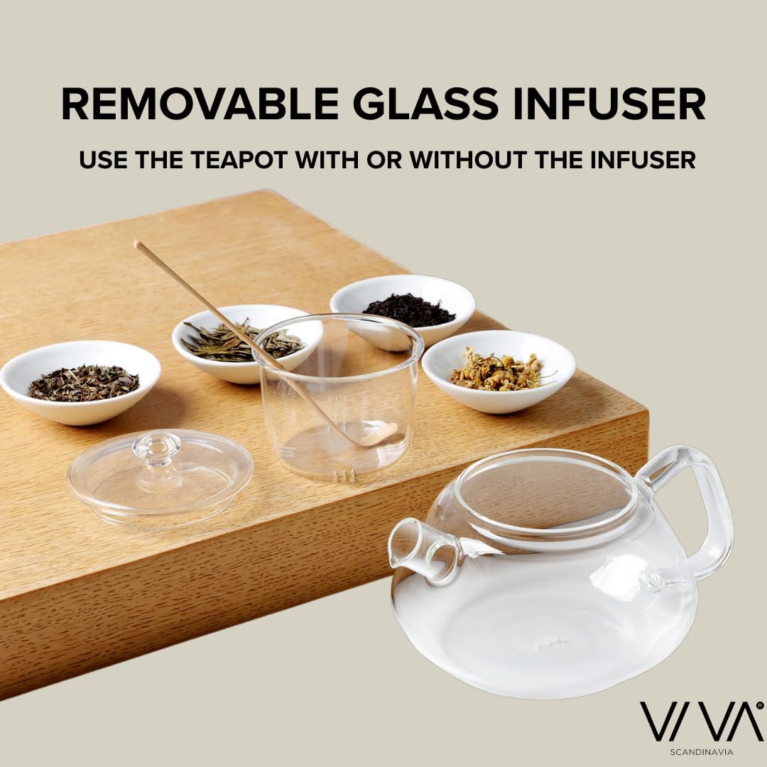 Viva Nicola All Borosilicate Glass Teapot with Tea Included, Lid, with Removable Infuser for Loose Leaf Tea - No Metal Or Plastic for The Perfect Brew, 25oz Tea Maker, Stove Top Safe, No Drip Spout