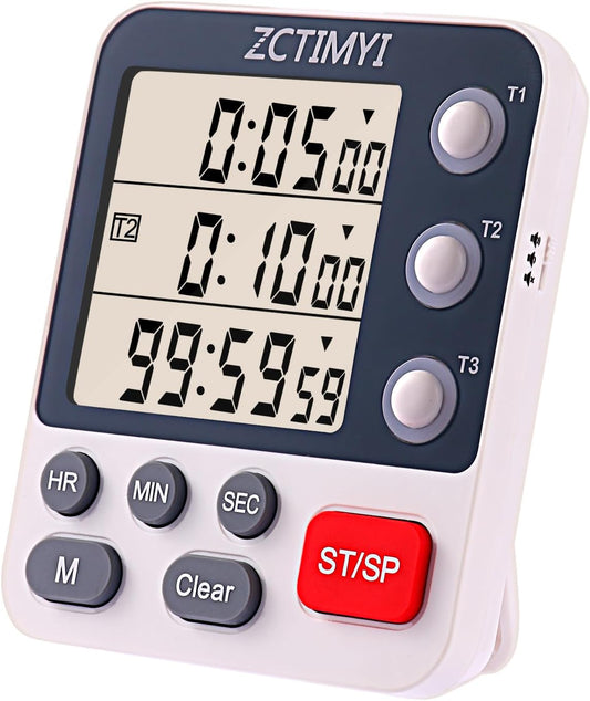Dual Digital Timer for Kitchen Cooking, 3 Channels Count Down/Up Triple Timer with Memory Presets Magnetic Back & Large Display Adjustable Alarm Volume, Multi Times Management Suit for Baking, White