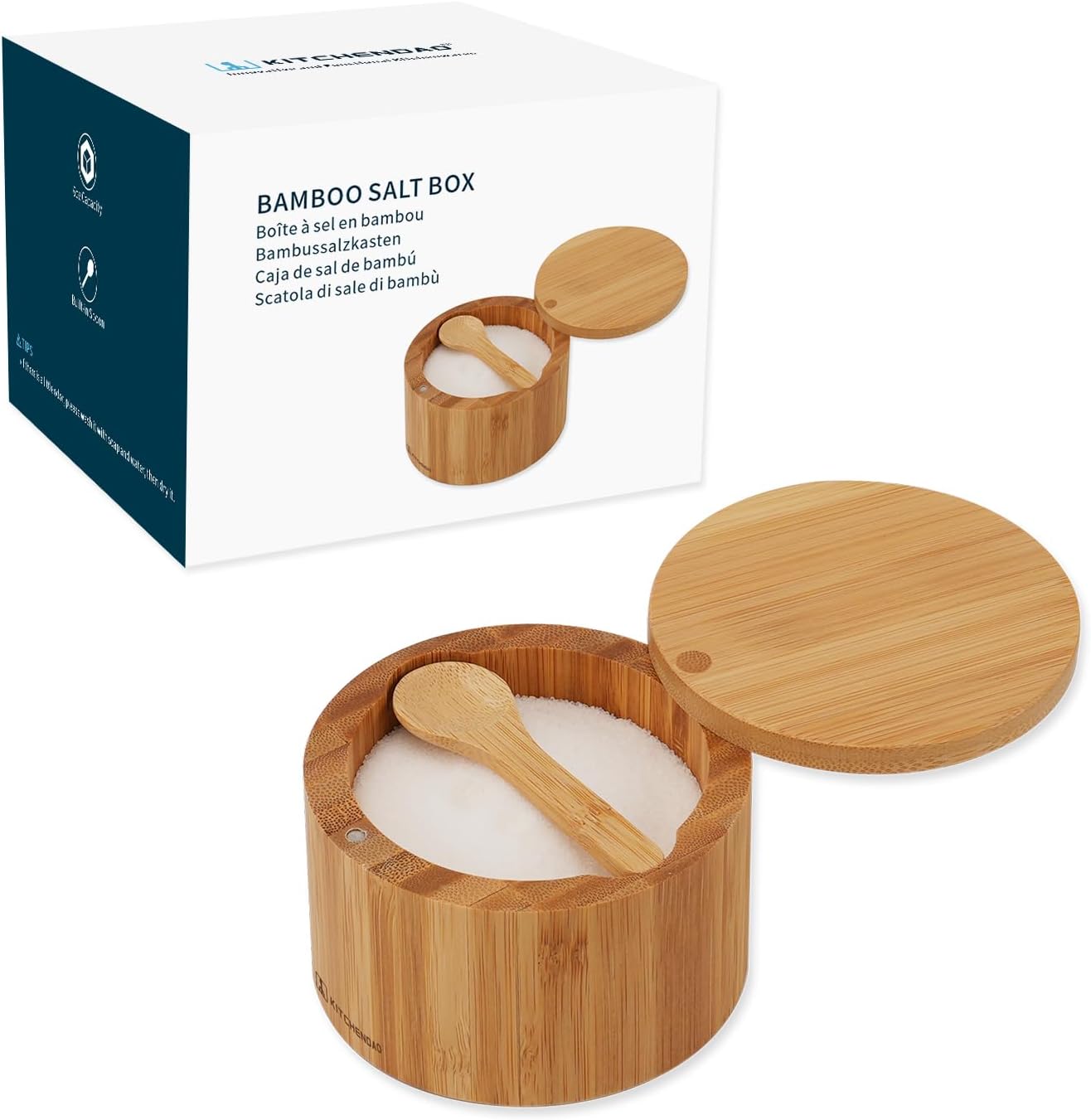 KITCHENDAO Bamboo Salt Cellar Bowl Box Container with Built-in Spoon, Elegant Kitchen Salt Dish Holder Saver Jar with Swivel Magnetic Lid to Storage Pepper Spice, 6OZ