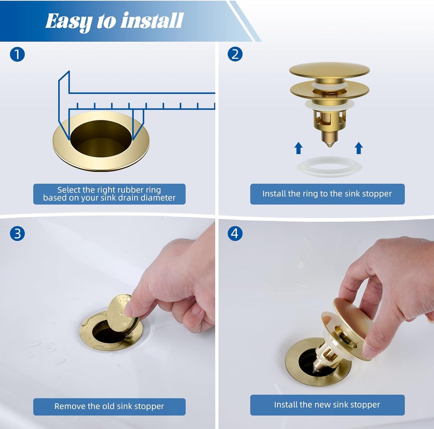 Hibbent 2 Pack All Metal Bathroom Sink Stopper, Universal Pop Up Drain Strainer, Brass Bullet Core Push Type Sink Stopper for 1.1''~2.3'' Basin, Big Push Button, Anti Clogging Filter, Brushed Gold