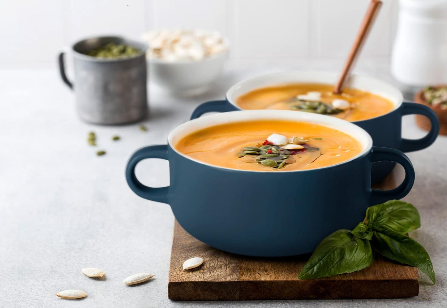 Kook Soup Crocks, Ceramic Bowls, Broil, Oven, Microwave and Dishwasher Safe, with Handles, For Casserole, Pasta, Cereal, 18 oz, Set of 4 (Navy)