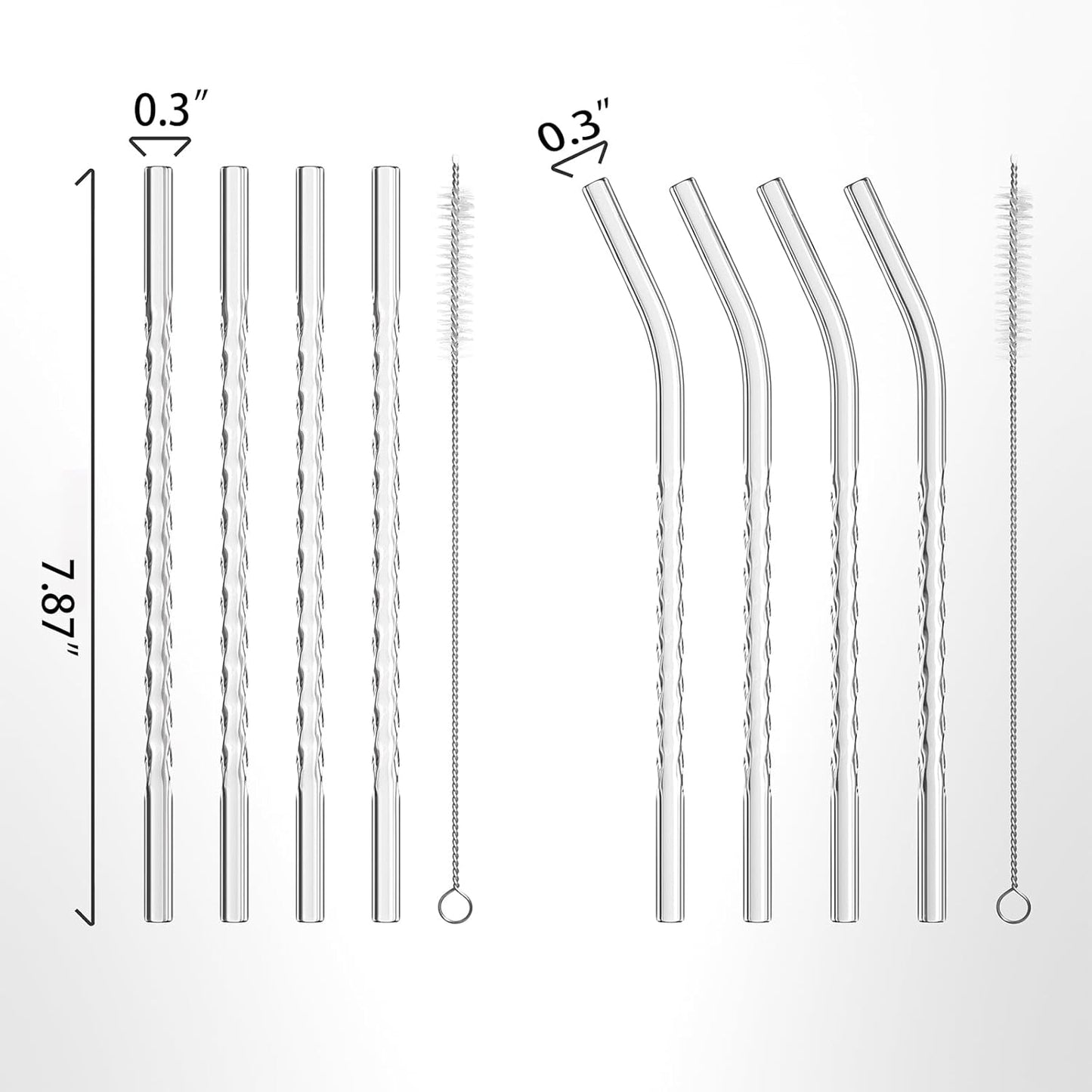 Reusable Glass Straws Colorful Twist Shape Sets of 8 with 4 Bent and 4 Straight Straws & 2 Cleaning Brushes, 8"x 0.3" Thick Clear Glass Drinking Straw for Tumblers Gift Wrap Dishwasher Safe