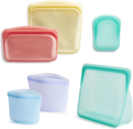 Stasher Premium Silicone Reusable Food Storage Bags, 6-Pack, Rainbow, Multi-Use Food Storage Bags, Lunch Bag, Travel Containers, BPA Free, Leak-free, Dishwasher-Safe, Eco-friendly