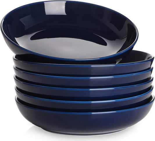 Y YHY Pasta Bowls, 30oz Soup Bowls Salad Bowls Large Serving Bowl Porcelain Pasta Plates Wide and Shallow Bowls Set of 6 Microwave Dishwasher Safe, Blue