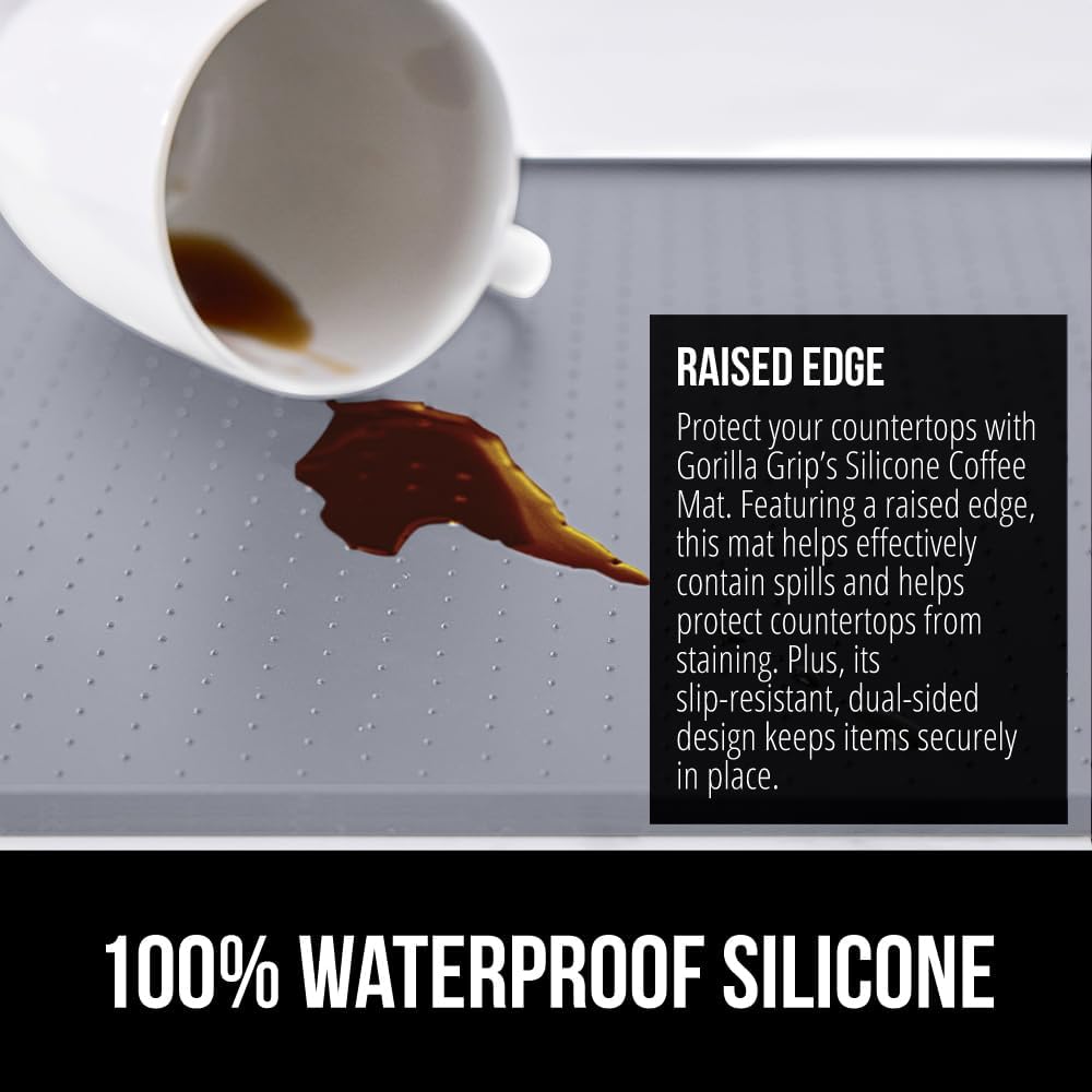 GORILLA GRIP Silicone Coffee Mat, 18x28, Espresso Drink Bar Station Accessories, Waterproof Heat-Resistant Dish Drying Mats, Stay in Place on Kitchen Counter, Home Kitchen Decor Essentials, Gray
