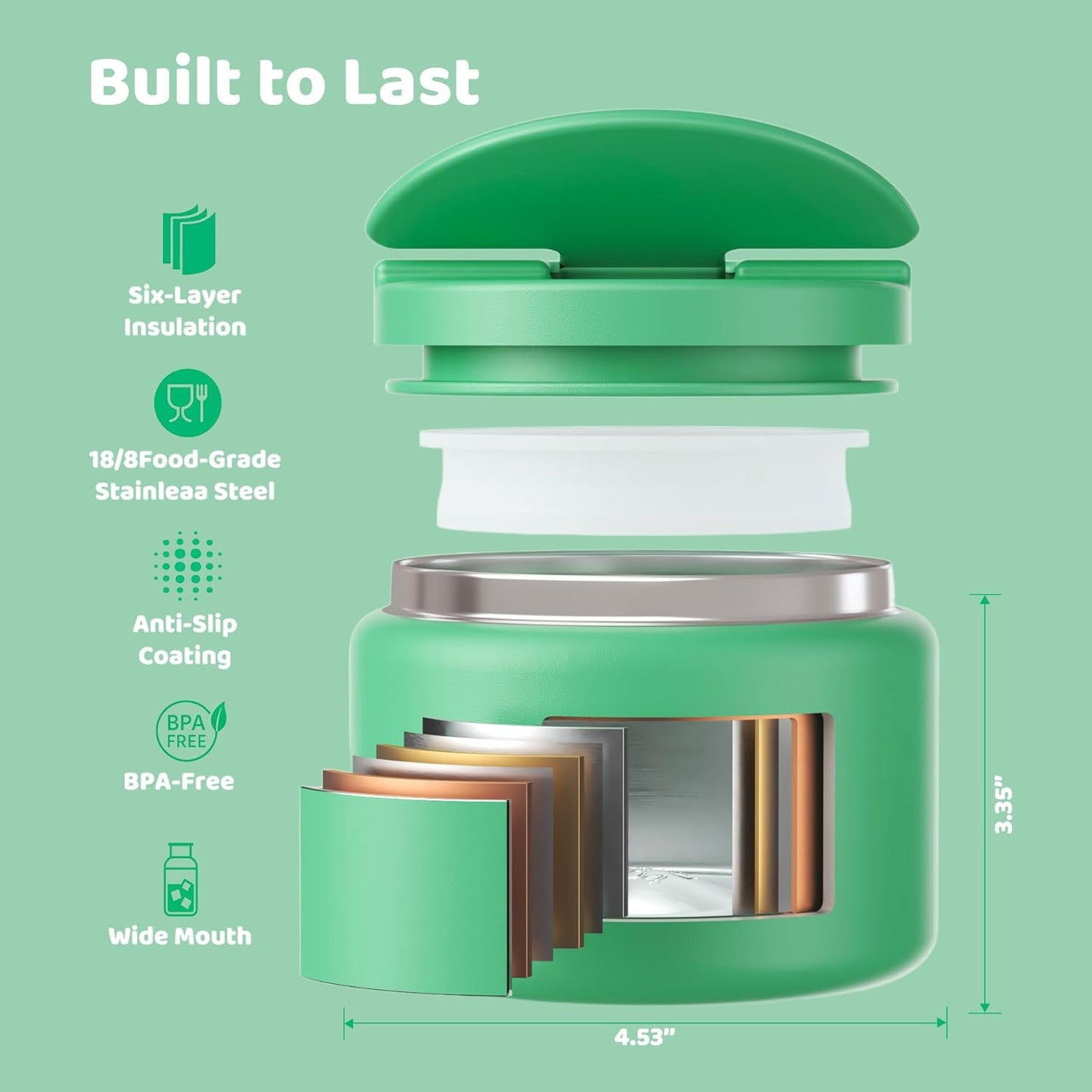 14.5oz Soup Thermo for Hot Food Kids Vacuum Insulated Food Jar Twist-Free Soup Thermo for Hot Food Kids Leakproof Stainless Steel Wide Mouth Lunch Container (Green)