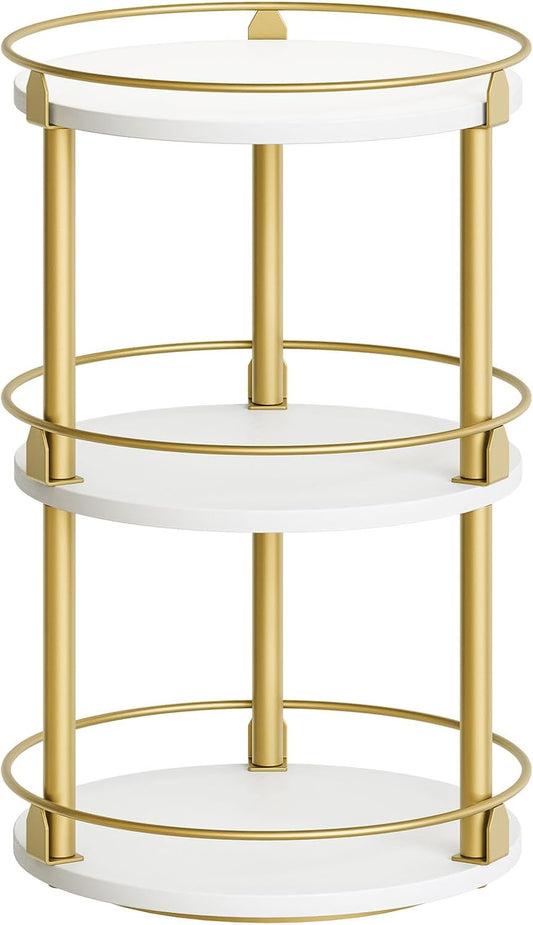 3-Tier Lazy Susan, Rotating Spice Rack, Spinning Organizer, Industrial Turntable Spice Rack for Cabinet, Kitchen Countertop, Pantry, White and Gold SR23DW