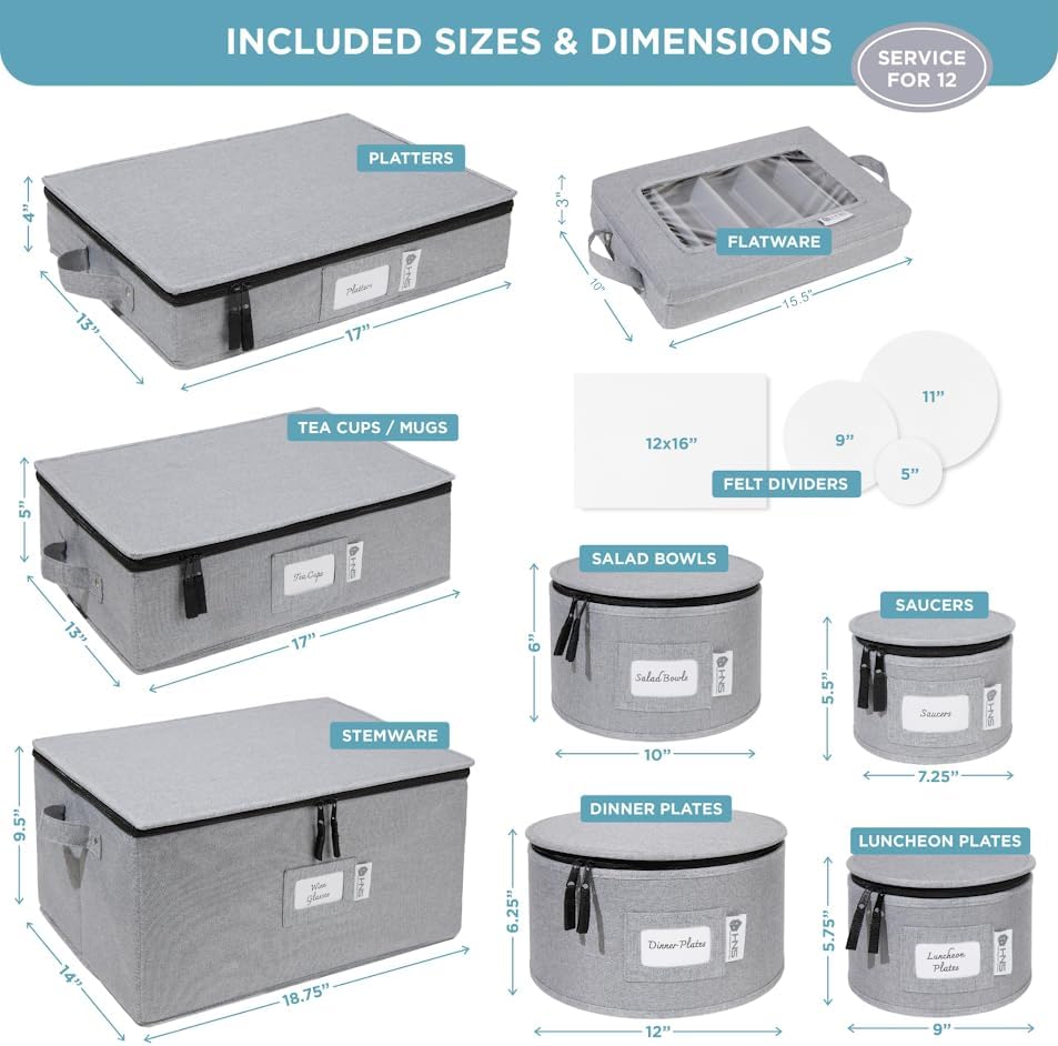 Hard Shell China Storage Containers 8-Piece Set Moving Boxes for Dinnerware, Glasses, Plates, Mugs and Saucers Sturdy Dish Organizer with Dividers for Seasonal Storage - Service for 12 - Gray