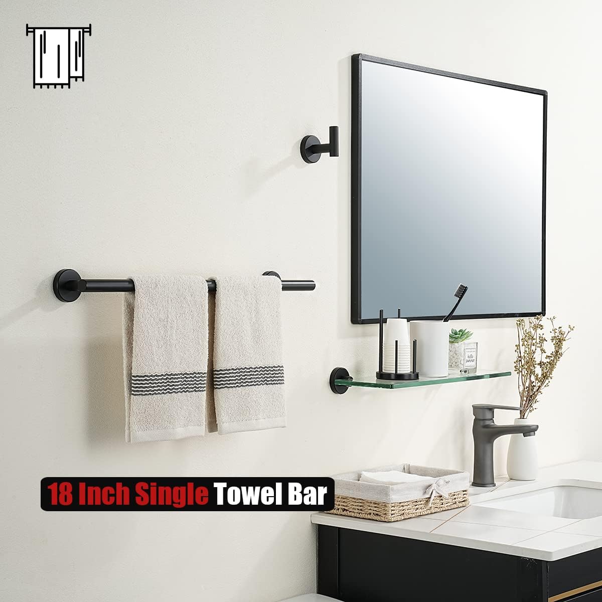 JQK Black Towel Bar, 20.5 Inch 304 Stainless Steel Thicken 0.8mm Towel Rack Bathroom, Towel Holder Matte Black Wall Mount, Useable Length 18 Inch 2 Pack, TB110L18-PB-P2
