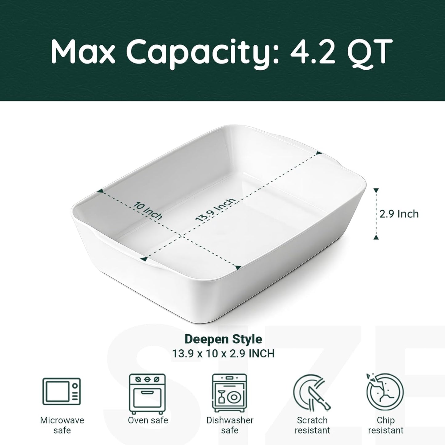4.2 QT Deep Ceramic Baking Dish, White Casserole Dish, Lasagna Pan for Oven, Ceramic Baking Pan, Kitchen Decor, Microwave Oven Safe, Dinner, Wedding (10" x 13.9")